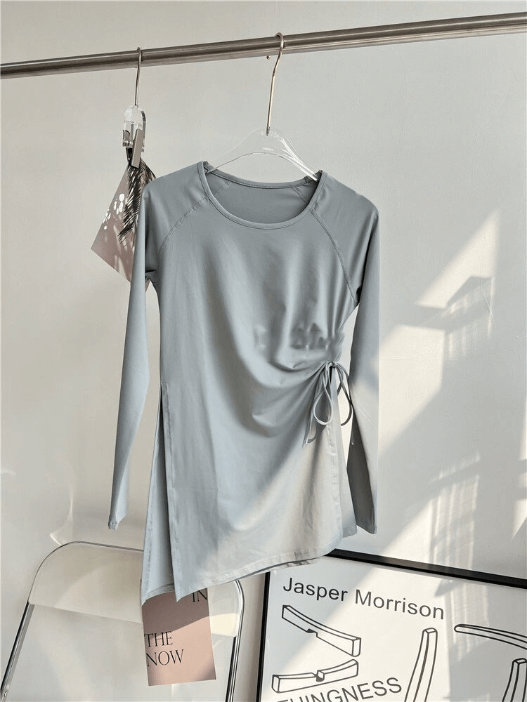 Sports Waist Drawstring Top with Slits in light gray, featuring elastic fabric and full sleeve length for fitness.